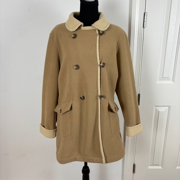 Lands' End Women's Fleece Sherpa Trim Double Breasted Coat Jacket Petite XL 18 - Picture 1 of 10
